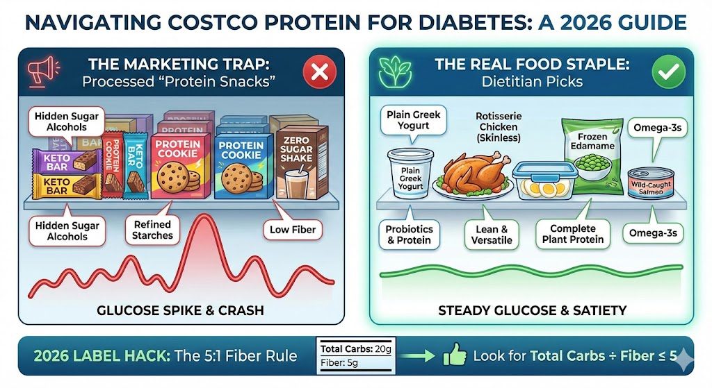 Navigating Costco Protein for Diabetes: A 2026 Guide" comparing processed protein snacks with whole food dietitian picks. The left side highlights "Marketing Traps" like keto bars and protein cookies that cause glucose spikes. The right side shows "Real Food Staples" like Greek yogurt, rotisserie chicken, and edamame that provide steady glucose. The bottom section explains the 5:1 fiber rule for blood sugar management.