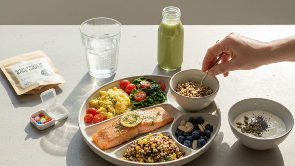 Here is the SEO-optimized alt text for the generated image, designed to boost your Google Images ranking and ensure accessibility:

Alt Text: > A high-protein, nutrient-dense GLP-1 friendly meal on a modern divided plate featuring grilled salmon, scrambled eggs with spinach, quinoa, blueberries, and a Greek yogurt bowl. The setting is a bright, minimalist kitchen reflecting a healthy 2026 lifestyle.
