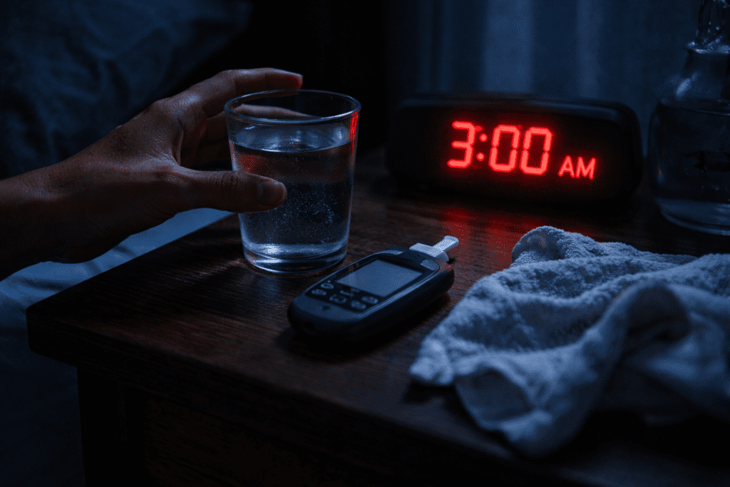 Nightstand at 3 AM with a glucose meter, water, and damp cloth illustrating the sleep disruption caused by diabetes night sweats.