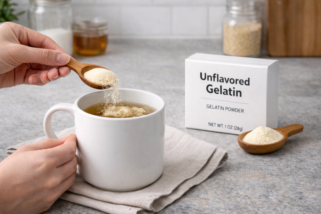 Hands preparing a warm beverage, showing the gelatin blooming process in a mug. gelatin vs Collagen